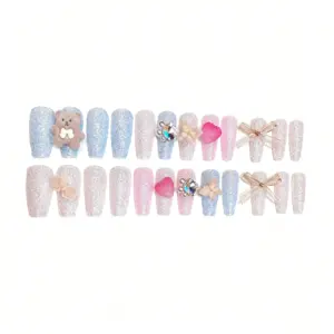 Cute Bow & Fluffy Bear Nail Gift Box – 24 Piece Set