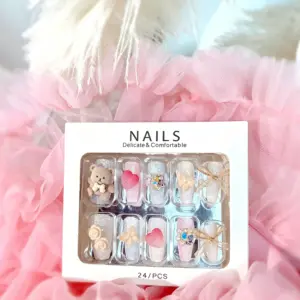 Flat Lay of Cute Bow & Fluffy Bear Press On Nail Box Set