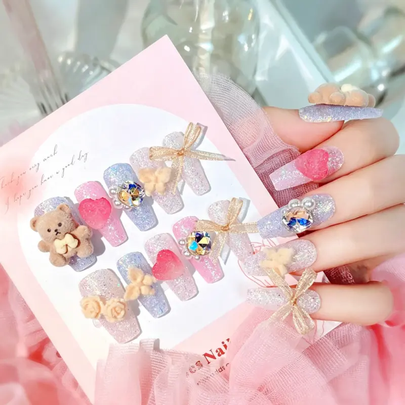Cute Bow & Fluffy Bear Press On Nails On Hand – Sweet Look
