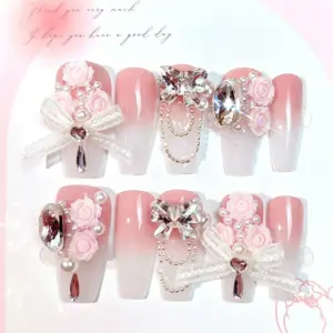 Pink Ombre 3D Rose Bow Pearl Rhinestone Bridal Press On Nails Worn On Hand