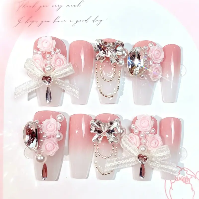 Pink Ombre 3D Rose Bow Pearl Rhinestone Bridal Press On Nails Worn On Hand
