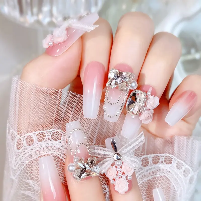 Detailed Close up of 3D Rose and Lace Bow on Pink Ombre Bridal Press On Nail
