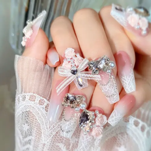 Rhinestone and Pearl Chain Detail on Pink Ombre Long Coffin Press On Nail