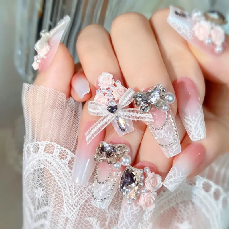 Rhinestone and Pearl Chain Detail on Pink Ombre Long Coffin Press On Nail