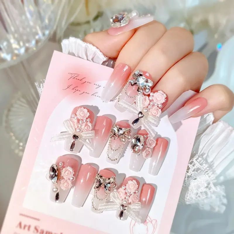 Soft Pink Ombre Gradient Effect on Long Coffin Bridal Press On Nails