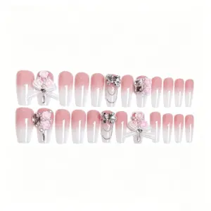 Romantic Bridal Style Pink Ombre Press On Nails with 3D Floral Embellishments