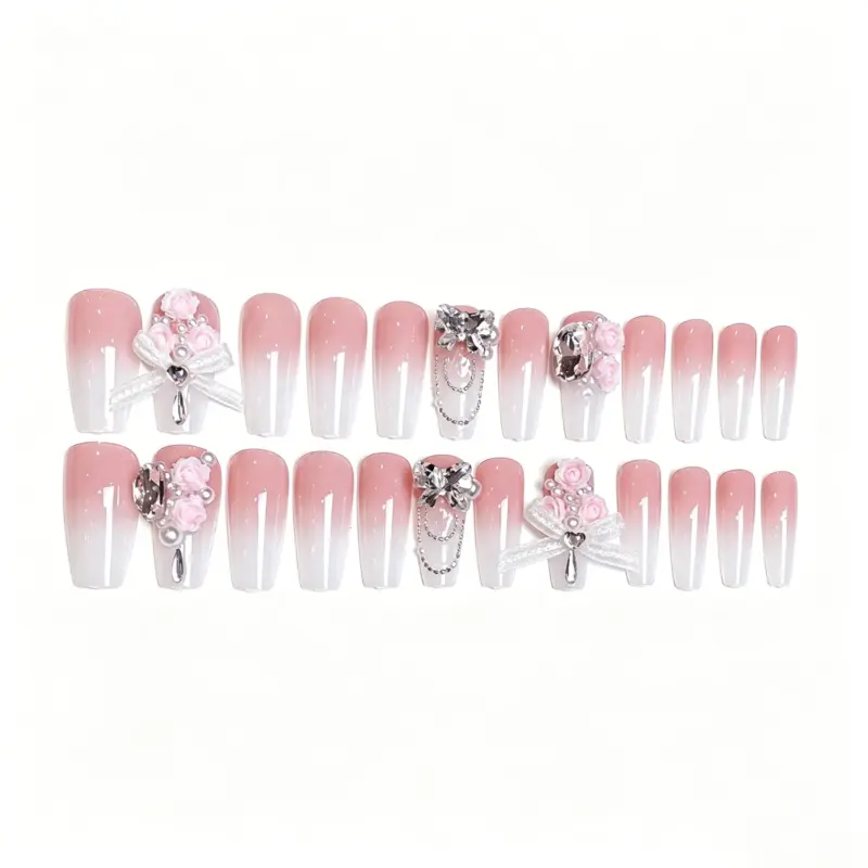 Romantic Bridal Style Pink Ombre Press On Nails with 3D Floral Embellishments