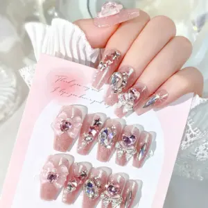 Nude Pink Glitter 3D Butterfly Heart Rhinestone Press On Nails On Hand