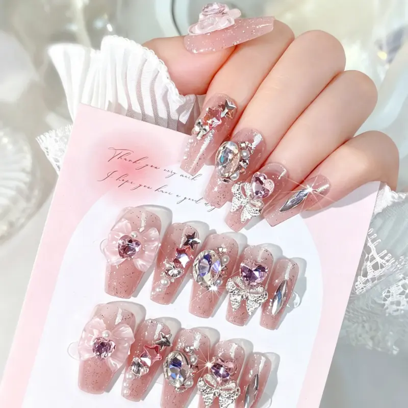 Nude Pink Glitter 3D Butterfly Heart Rhinestone Press On Nails On Hand