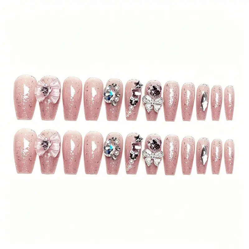 Large Clear Rhinestone and Pearl Detail on Nude Pink Glitter Press On Nail