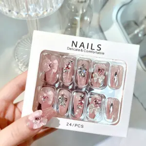 Star Rhinestone Charms and Pearls on Nude Pink Long Coffin Press On Nail