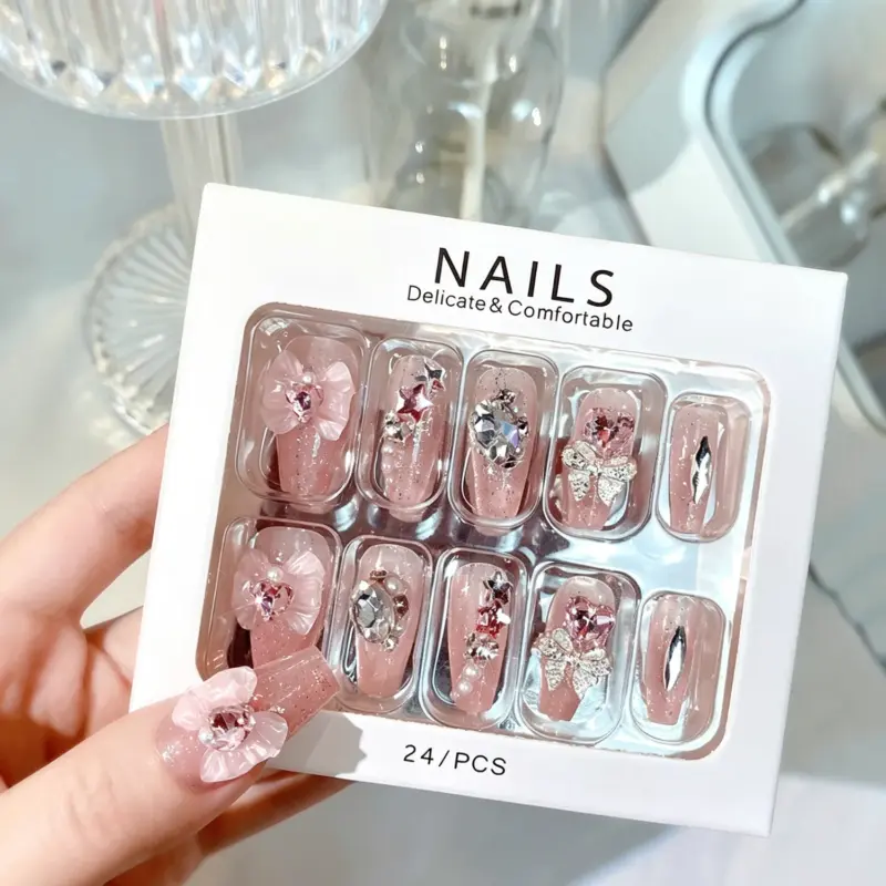 Star Rhinestone Charms and Pearls on Nude Pink Long Coffin Press On Nail