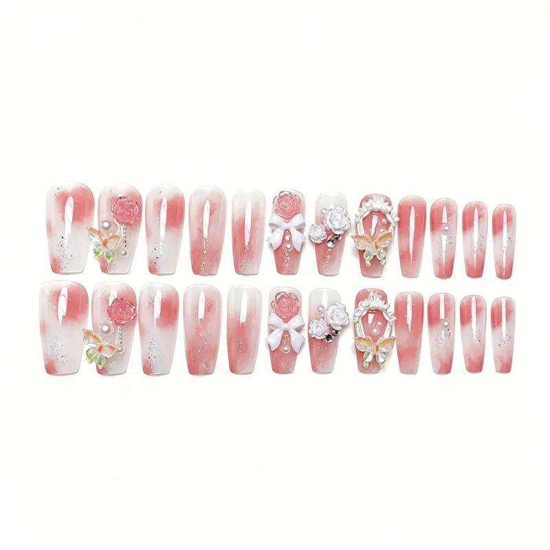 Colorful Iridescent Butterfly Detail on Pink Gradient Press On Nail