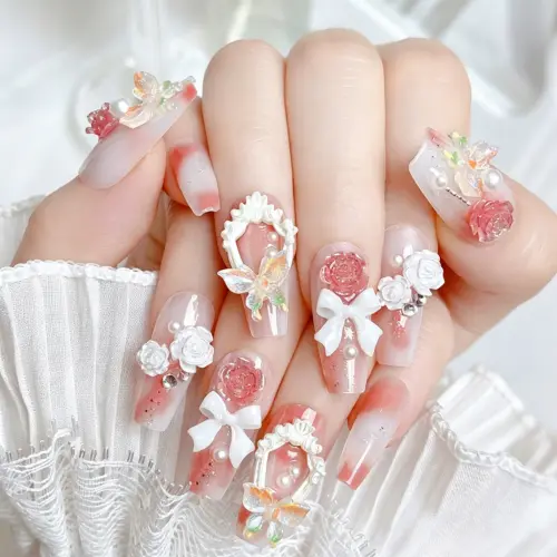 Pink Tip Ombre Effect on Long Coffin Romantic Press On Nails