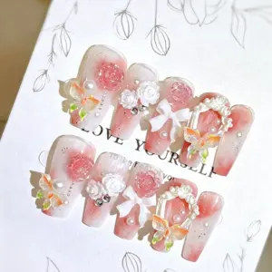 3D White Roses and Rhinestone Detail on Pink Gradient Press On Nail