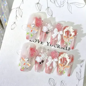 3D Red Rose and White Bow Detail on Pink Gradient Press On Nail