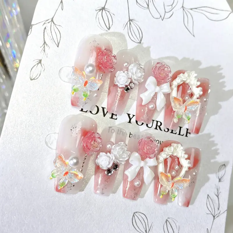 3D Red Rose and White Bow Detail on Pink Gradient Press On Nail