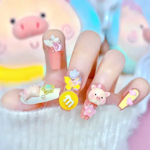 Cute 3D Pig Candy Butterfly Star Kawaii Press On Nails On Hand