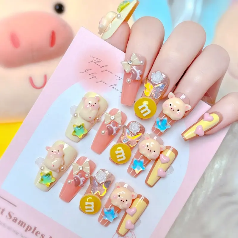 3D Pink Pig Charm with Star Detail on Kawaii Press On Nail