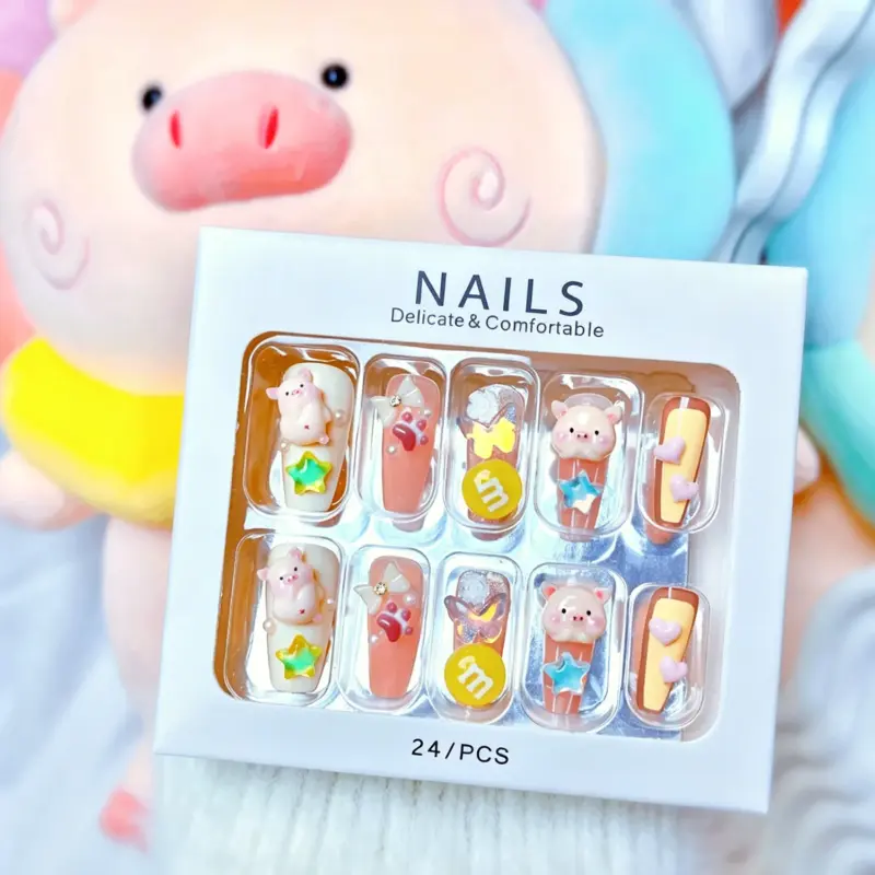 Lying 3D Pig Charm with Star and Pearl on White Press On Nail