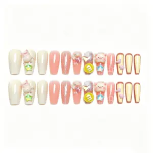 Yellow French Tip Press On Nail with Pink Heart Decorations