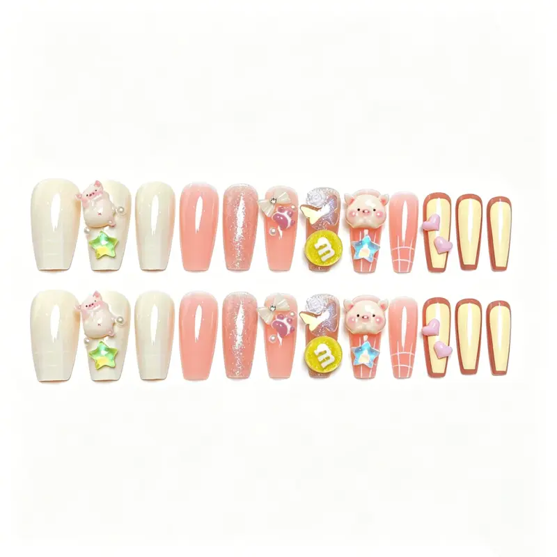 Yellow French Tip Press On Nail with Pink Heart Decorations