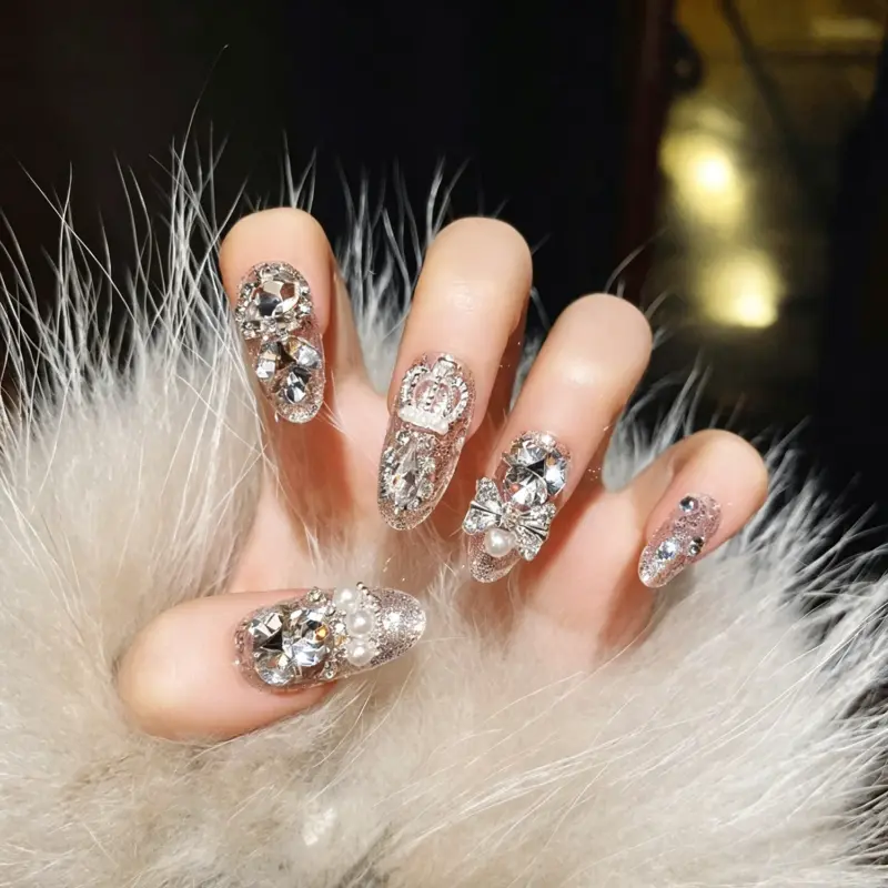 Crystal Crown Charm Detail on Luxury Press On Nail