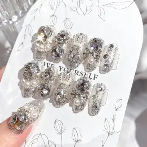 Luxury Silver Glitter Crystal Pearl Press On Nails Full Set View