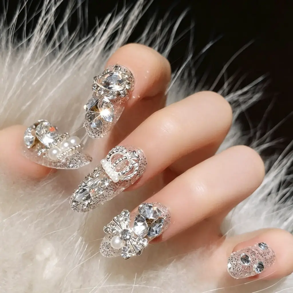 Luxury Silver Glitter Crystal Pearl Press-On Nails - Royal Style