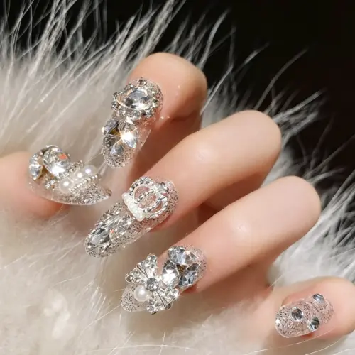 Pearl & Crystal Bow Charm Detail on Press On Nail