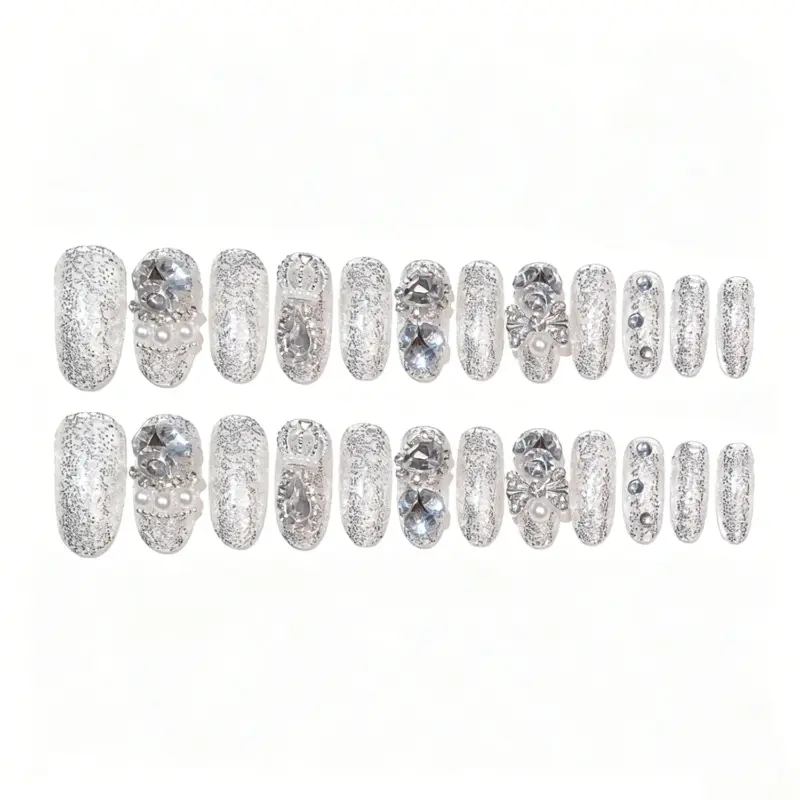 Full Hand Wearing Luxury Crystal Pearl Press On Nails
