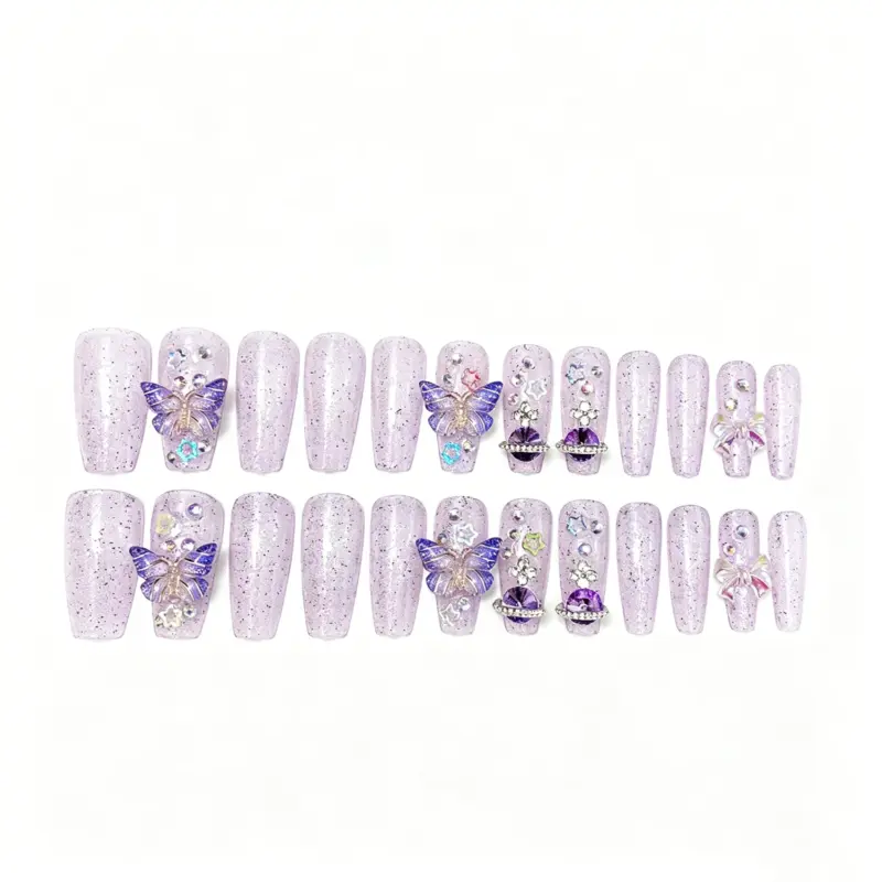 Full Hand Wearing Dreamy Pink Purple Butterfly Press On Nails