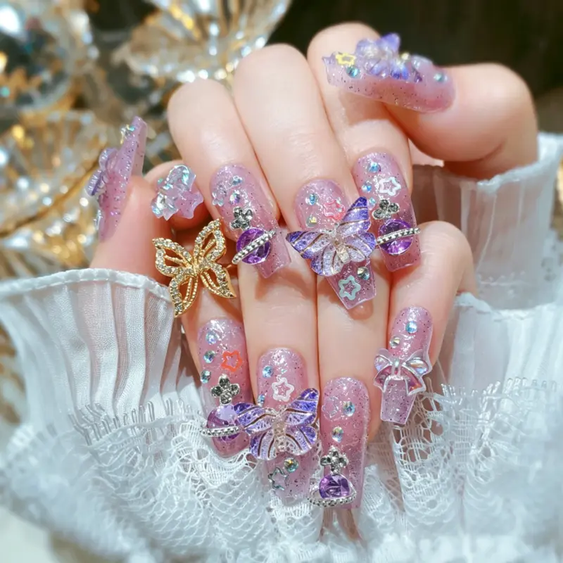 Dreamy Pink Purple Butterfly Planet Press On Nails Close Up