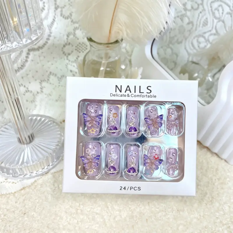 Star Sequins and Gem Details on Pink Purple Press On Nails