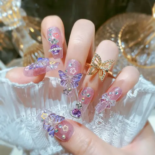 3D Iridescent Purple Butterfly Charm Detail on Press On Nail