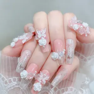 Elegant Pink White Rose Butterfly Press On Nails Close Up