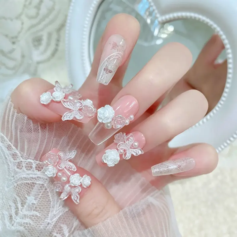 3D White Rose Charm Detail on Romantic Press On Nail