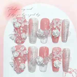 Transparent Butterfly Charm Detail on Pink Press On Nail