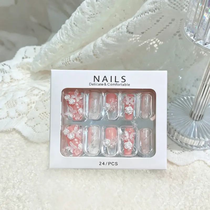 Pearl Cluster Detail on Romantic Rose Press On Nail
