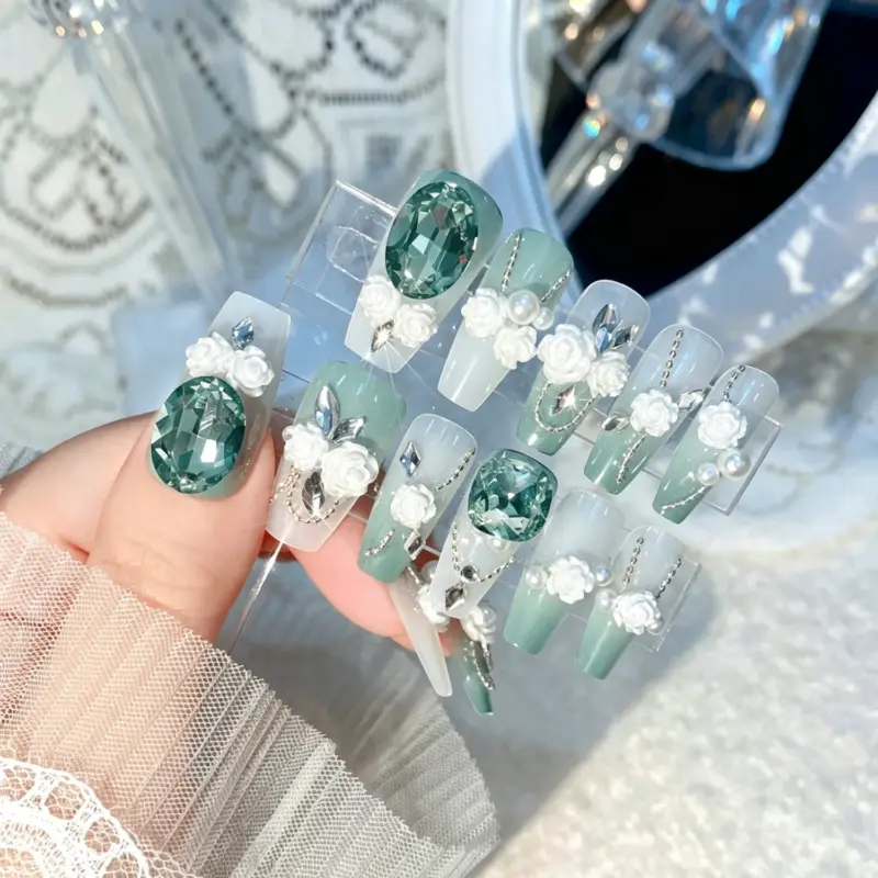 Large Mint Green Crystal Charm Detail on Press On Nail
