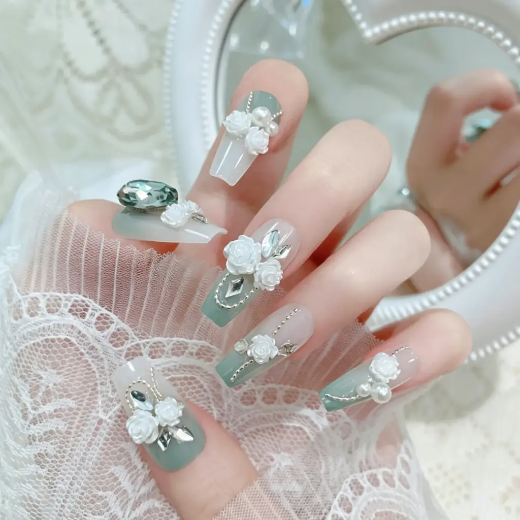 Elegant Mint Green White Rose Crystal Pearl Press-On Nails