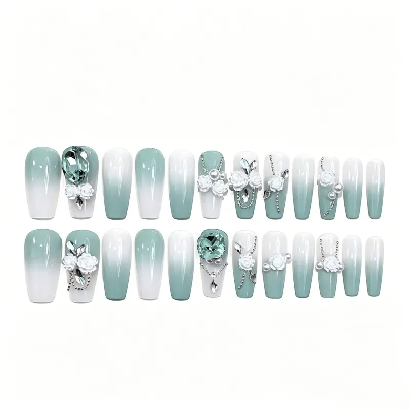 Mint Green to Nude Gradient Base on Press On Nails