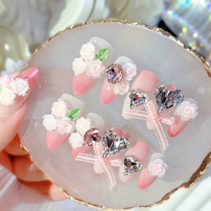 Delicate Pink Lace Bow Detail on Romantic Press On Nail
