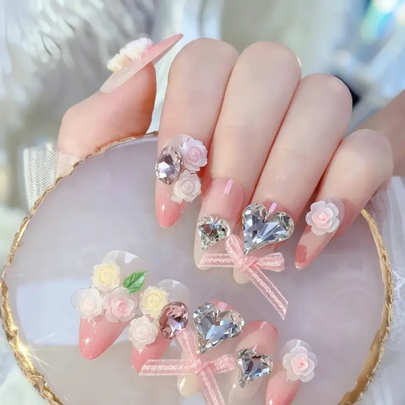 Romantic Pink Ombre Rose & Heart Crystal Press On Nails Close Up