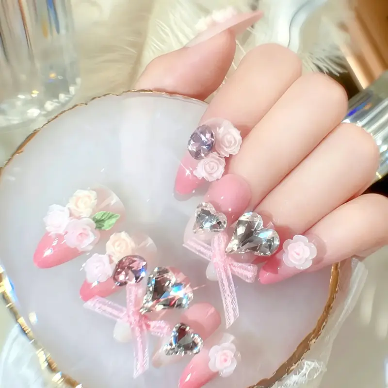 3D Pink & White Rose Cluster Detail on Press On Nail