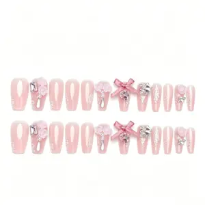 Silver Glitter Line Detail on Pink Ombre Press On Nail