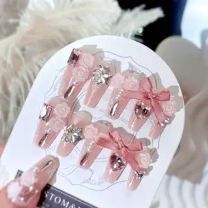Pink Satin Bow Charm Detail on Press On Nail
