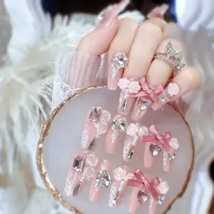 3D White Rose Charm Detail on Romantic Press On Nail