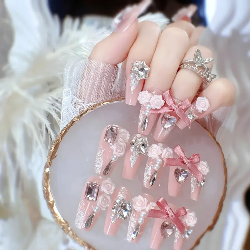3D White Rose Charm Detail on Romantic Press On Nail