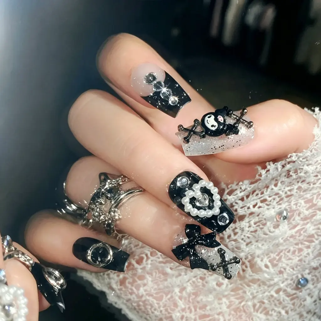 Black Silver Gothic Press-On Nails with Cute Dark Character & Crystals
